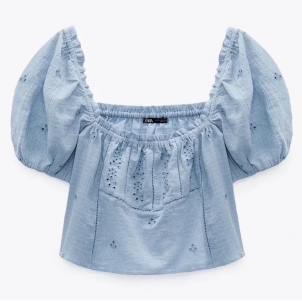 Zara Blue Cuffed Sleeve Crop Blouse